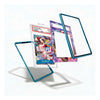 A floating product render showing a clear acrylic display card with a blue metallic frame, alongside matching decorative card backings and a sample insert card on a clean white background.