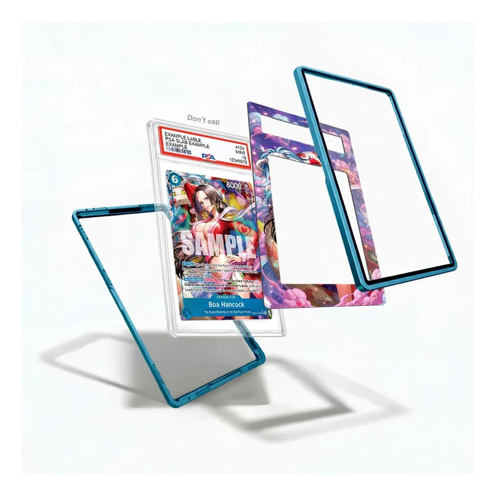 A floating product render showing a clear acrylic display card with a blue metallic frame, alongside matching decorative card backings and a sample insert card on a clean white background.