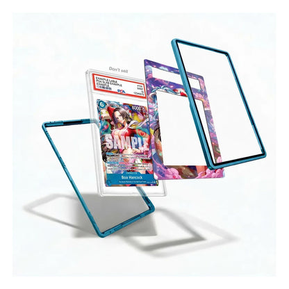 A floating product render showing a clear acrylic display card with a blue metallic frame, alongside matching decorative card backings and a sample insert card on a clean white background.