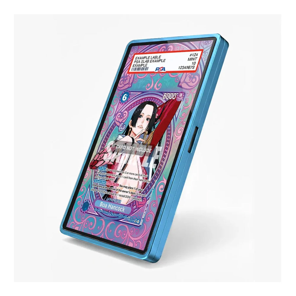 A blue protective phone case shown at an angle on a light gray background, displaying a colorful anime-style screen graphic.