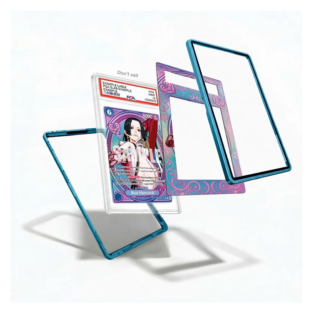 A set of decorative acrylic card protectors and frames in blue and purple, shown floating around a graded collectible card on a clean white background.