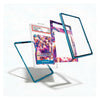 A set of custom acrylic display frames with a metallic teal-blue border and colorful printed inserts, shown floating around a graded trading card on a clean white background.