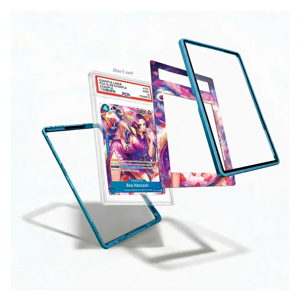 A set of custom acrylic display frames with a metallic teal-blue border and colorful printed inserts, shown floating around a graded trading card on a clean white background.