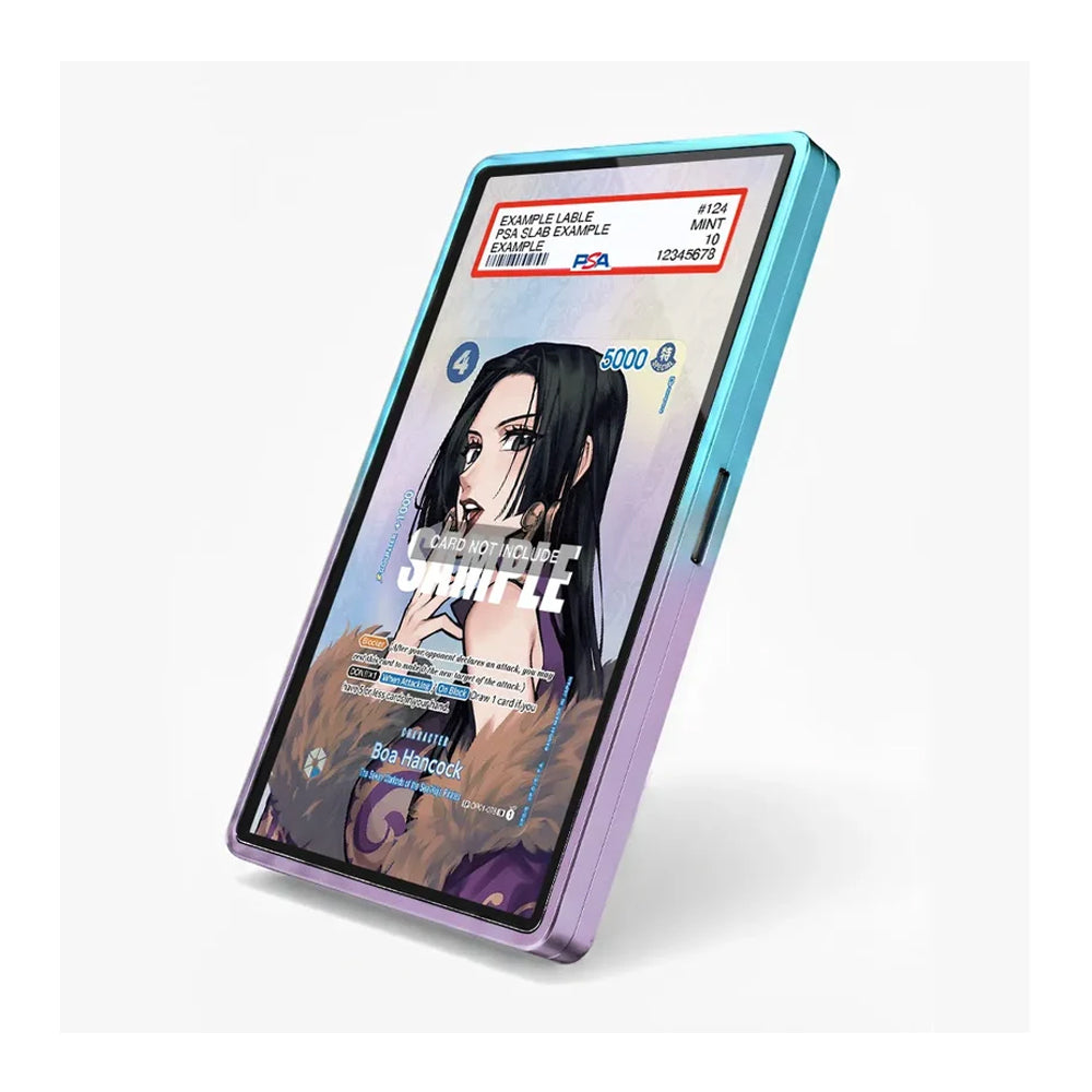 A slim rectangular electronic device with a glossy cyan-to-purple gradient frame, shown at an angle on a light gray background. The screen displays a colorful anime-style illustration with text elements.