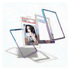 Three transparent protective phone frame shells with blue, purple, and silver metallic edges are shown floating around a sample card on a clean white background.
