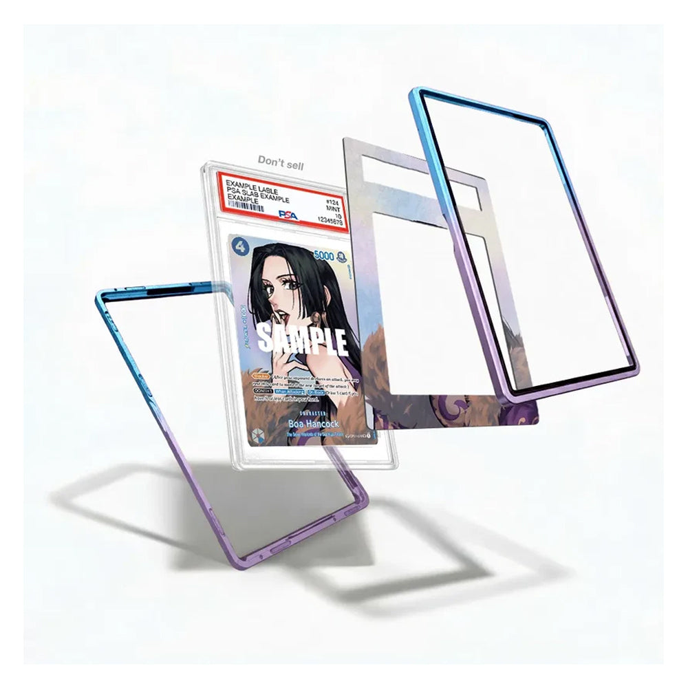 Three transparent protective phone frame shells with blue, purple, and silver metallic edges are shown floating around a sample card on a clean white background.