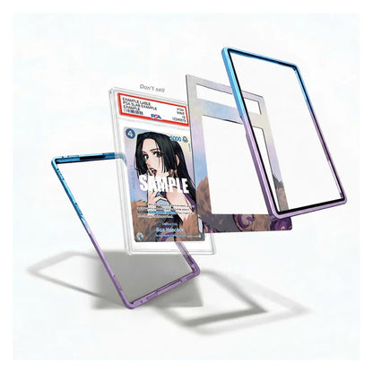 Three transparent protective phone frame shells with blue, purple, and silver metallic edges are shown floating around a sample card on a clean white background.