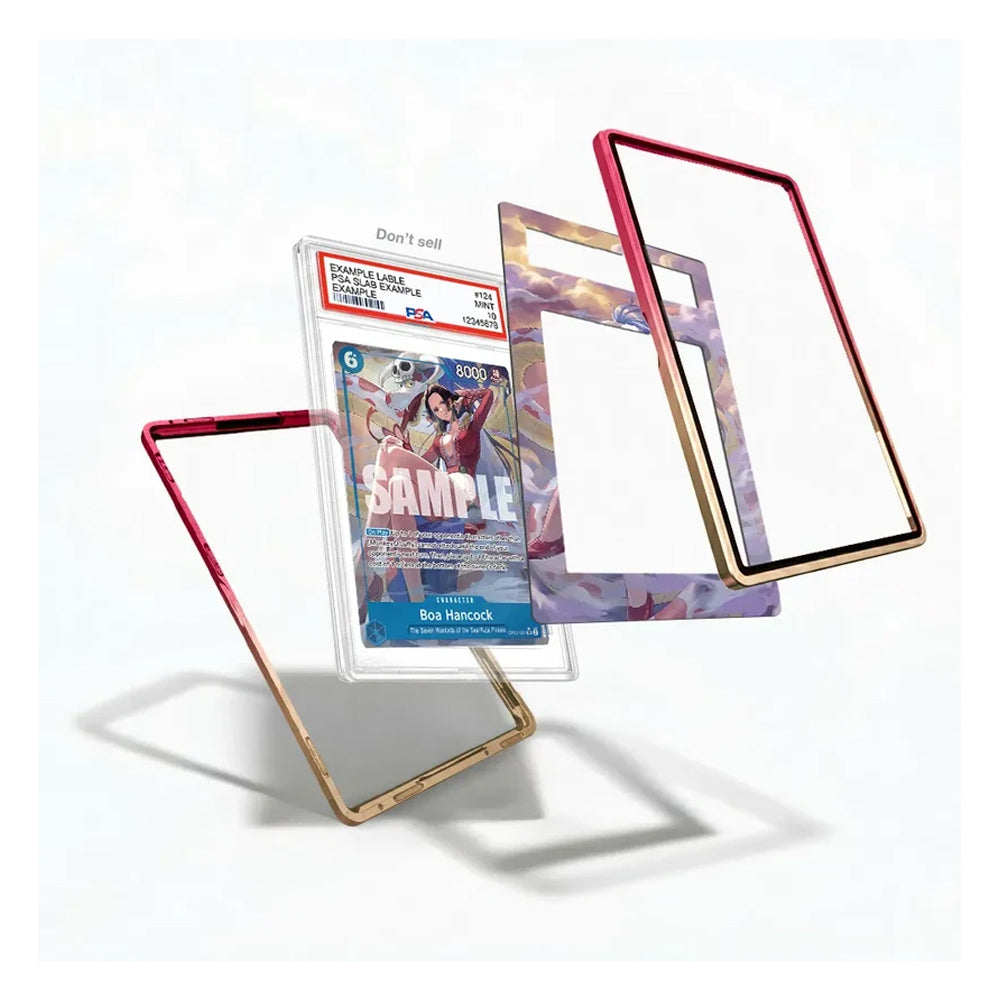 Three clear protective card sleeves with metallic frames are displayed on a white background. One sleeve has a red frame, one has a gold frame, and one has a purple and gold marbled frame.