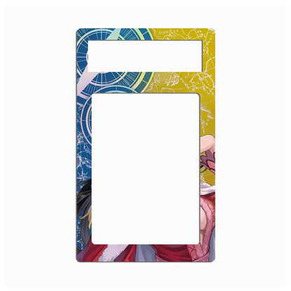 A decorative rectangular picture frame with a colorful anime-style border. The left side features a blue background with white celestial or map-like line art, while the right side is a mustard yellow with character artwork.