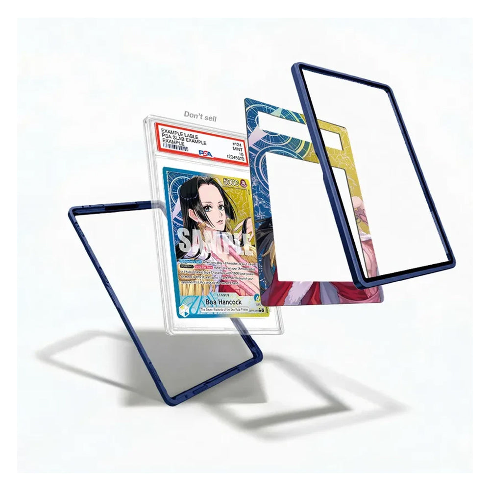 Three clear acrylic card sleeves with dark blue borders are shown floating against a white background, with one sleeve containing a printed anime card insert. The sleeves appear transparent with blue edging, and no person or real environment is present.