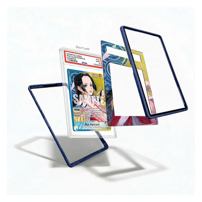 Three clear acrylic card sleeves with dark blue borders are shown floating against a white background, with one sleeve containing a printed anime card insert. The sleeves appear transparent with blue edging, and no person or real environment is present.