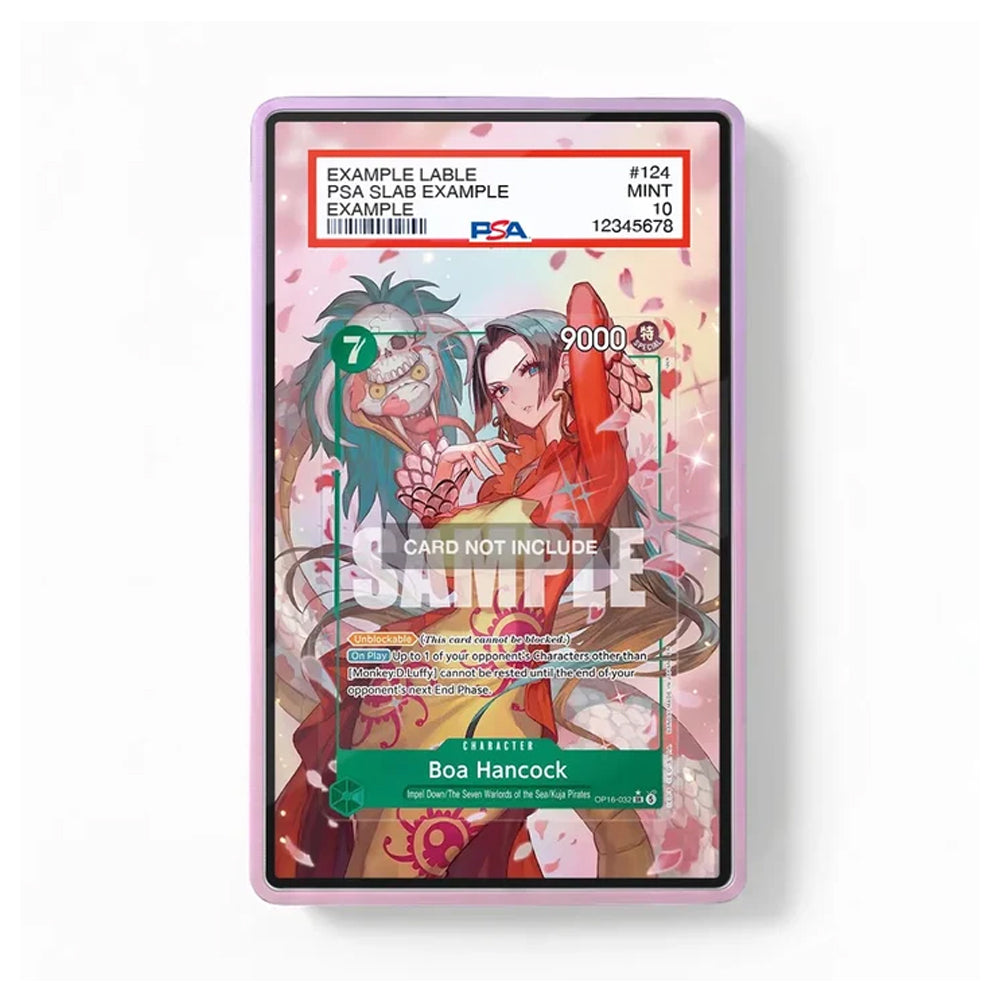 A PSA graded display slab containing an anime trading card, shown against a plain white background. The slab has a light purple border, and the card features colorful anime artwork with a prominent 'PSA SLAB NOT INCLUDE' watermark overlay.