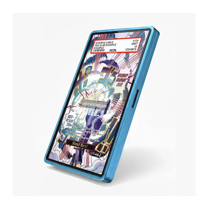 A blue protective phone case shown at an angle on a light gray background, with a colorful anime-style graphic displayed on the screen.