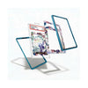 Three transparent protective film or cover panels with blue edges are shown floating around a printed insert card on a clean white background. The insert card has colorful abstract artwork and text, including a visible 'Don't self' label.