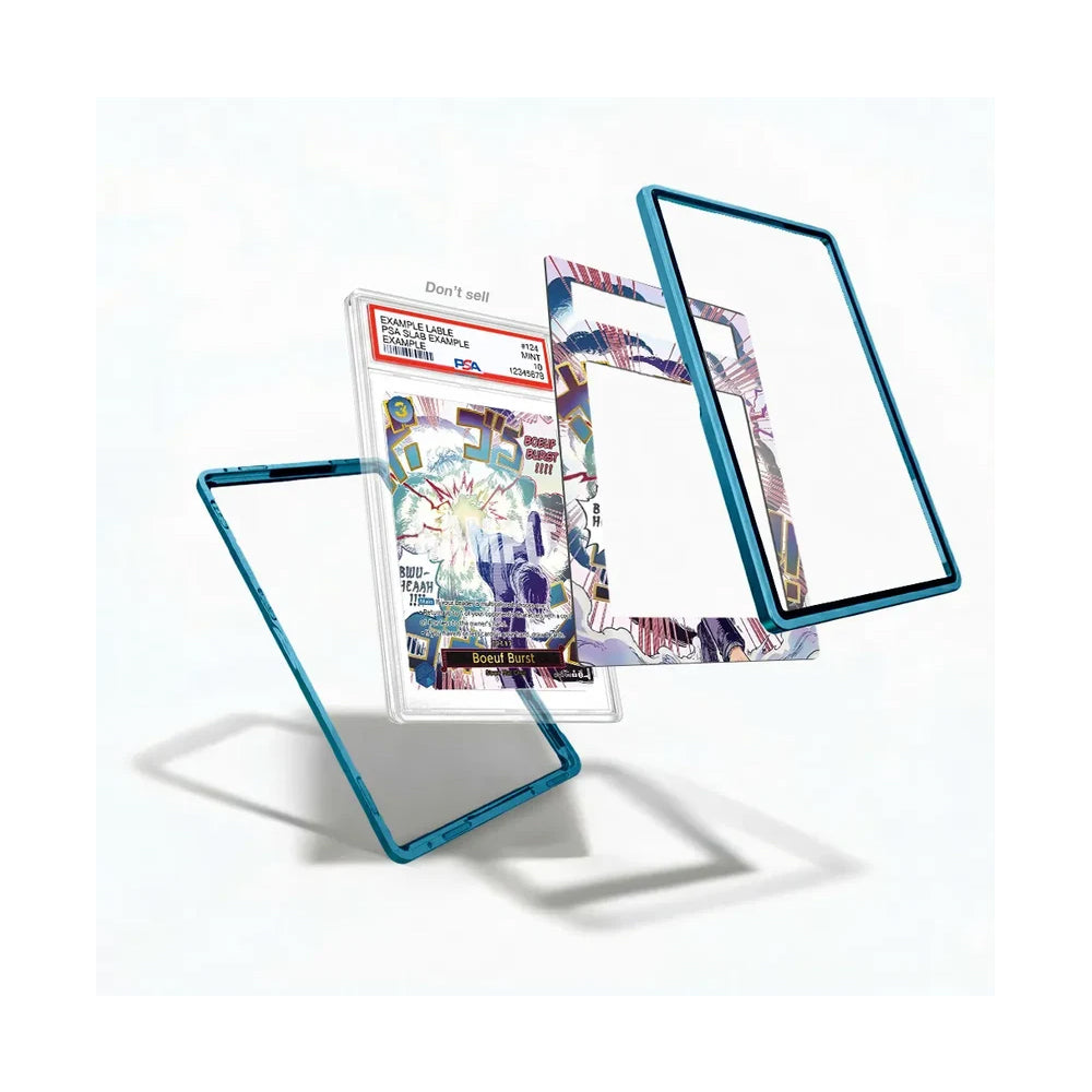 Three transparent protective film or cover panels with blue edges are shown floating around a printed insert card on a clean white background. The insert card has colorful abstract artwork and text, including a visible 'Don't self' label.