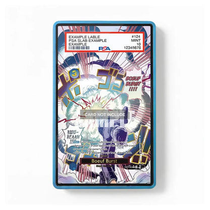 A blue-bordered collectible card slab containing sample trading cards, shown against a plain white background. The front of the slab features a colorful comic-style illustration with text including 'EXAMPLE LABLE', 'PSA SLAB EXAMPLE', and 'Boeuf Burst'.