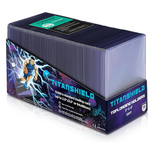 Box of Titanshield toploading holders with a superhero graphic on a white background