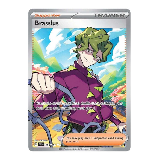 A single Pokémon TCG card featuring Brassius, a Supporter Trainer card from the Scarlet & Violet set. The card has a silver border and displays colorful anime artwork of Brassius in a purple outfit against a scenic background.
