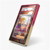 A smartphone-style device with a pink outer frame and a gold inner bezel, shown at an angle on a light gray background. The screen displays a sample trading card interface with a PSA label at the top.