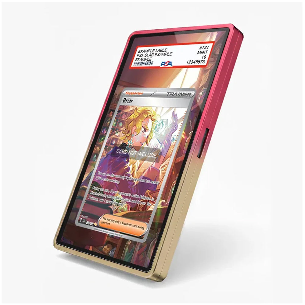 A smartphone-style device with a pink outer frame and a gold inner bezel, shown at an angle on a light gray background. The screen displays a sample trading card interface with a PSA label at the top.