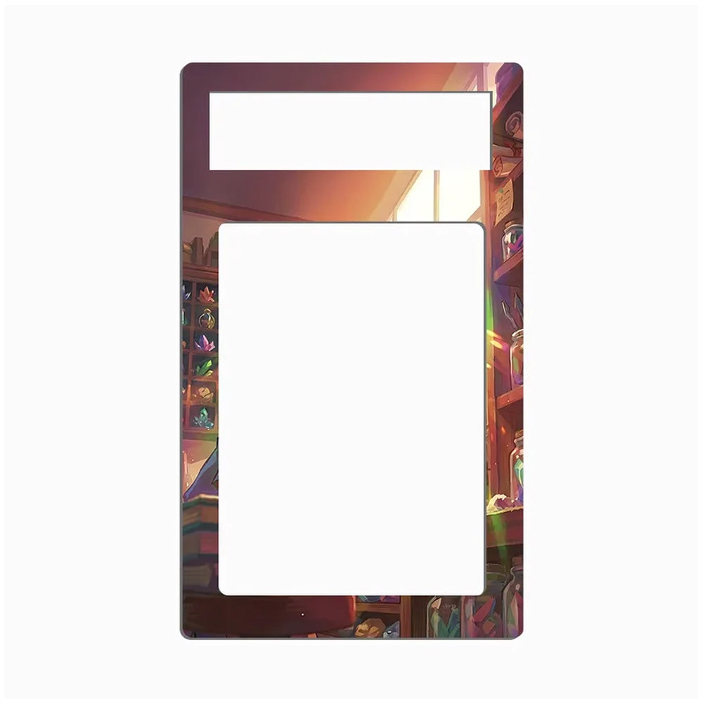 A decorative phone case or frame insert with a colorful illustrated border showing shelves and glowing lights, featuring a large blank white center and a smaller white rectangular area near the top.