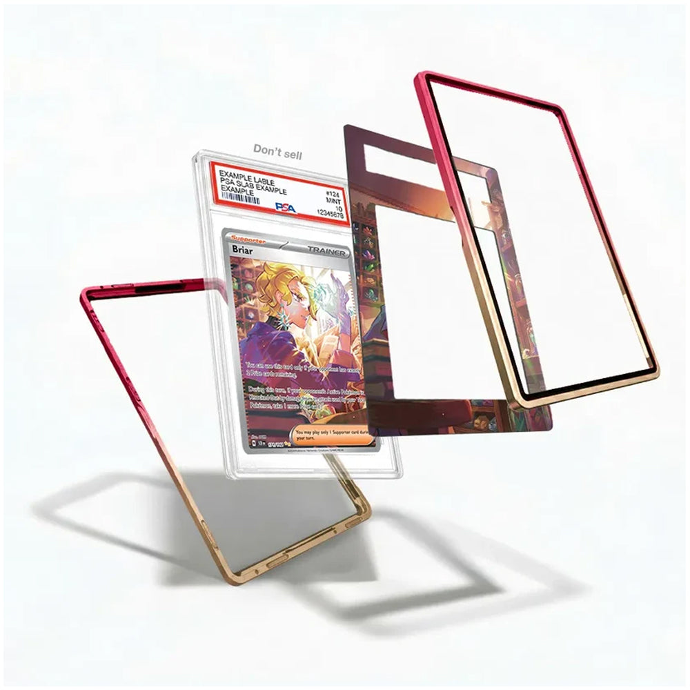 Three transparent acrylic card sleeves with colored borders are displayed on a white background, with one sleeve standing open to show its interior. A graded holographic PSA-style card is placed inside the center sleeve for scale and demonstration.