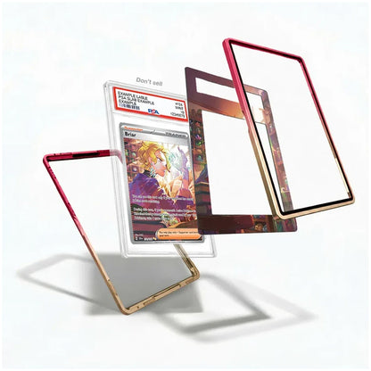Three transparent acrylic card sleeves with colored borders are displayed on a white background, with one sleeve standing open to show its interior. A graded holographic PSA-style card is placed inside the center sleeve for scale and demonstration.