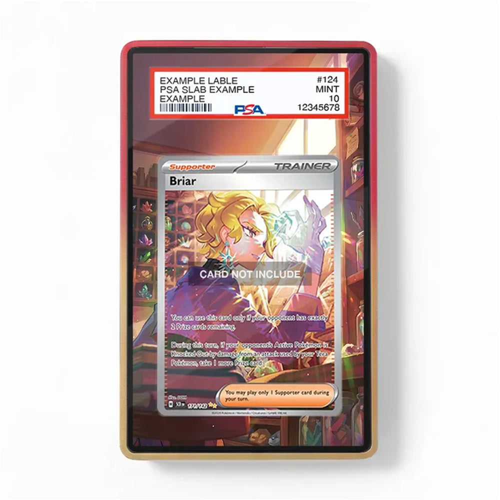Card in a protective case with a label on a white background