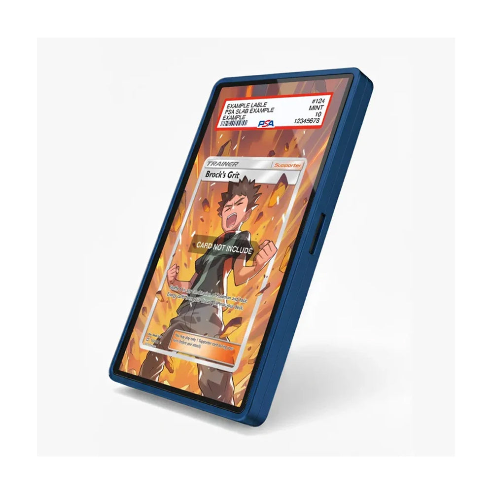 A blue protective phone case shown at an angle, featuring a custom Pokémon-style card design with Brock's Grit on the screen, set against a plain white background.