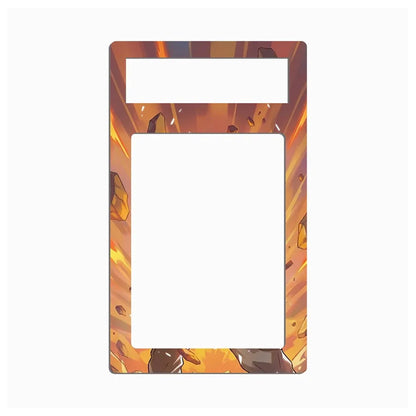 A decorative phone case frame or card holder insert with a colorful anime-style explosion and crystal design in orange, yellow, brown, and black, shown on a plain white background.