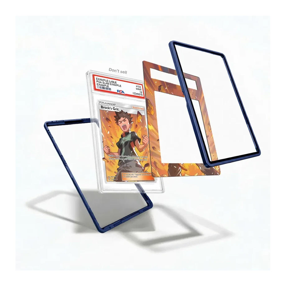 Three clear protective card sleeves with dark blue borders are displayed on a white background, with one sleeve holding a graded 'Don't Tread on Me' trading card insert.