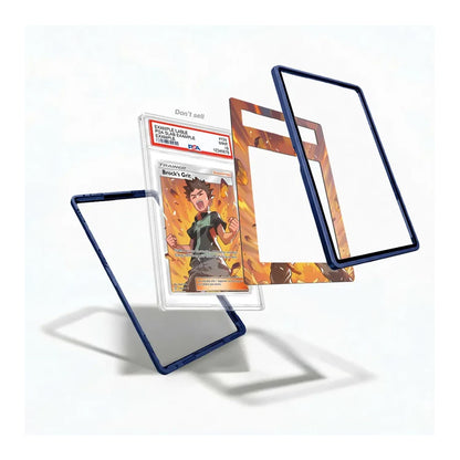 Three clear protective card sleeves with dark blue borders are displayed on a white background, with one sleeve holding a graded 'Don't Tread on Me' trading card insert.