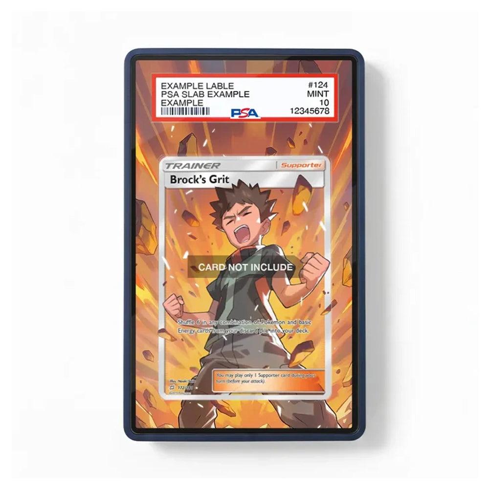 A protective card case for a Pokémon TCG card, featuring a black border and a printed insert card with an illustration of Brock Grit on a fiery orange background. The case is shown on a clean white background.