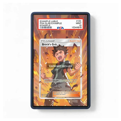 A protective card case for a Pokémon TCG card, featuring a black border and a printed insert card with an illustration of Brock Grit on a fiery orange background. The case is shown on a clean white background.