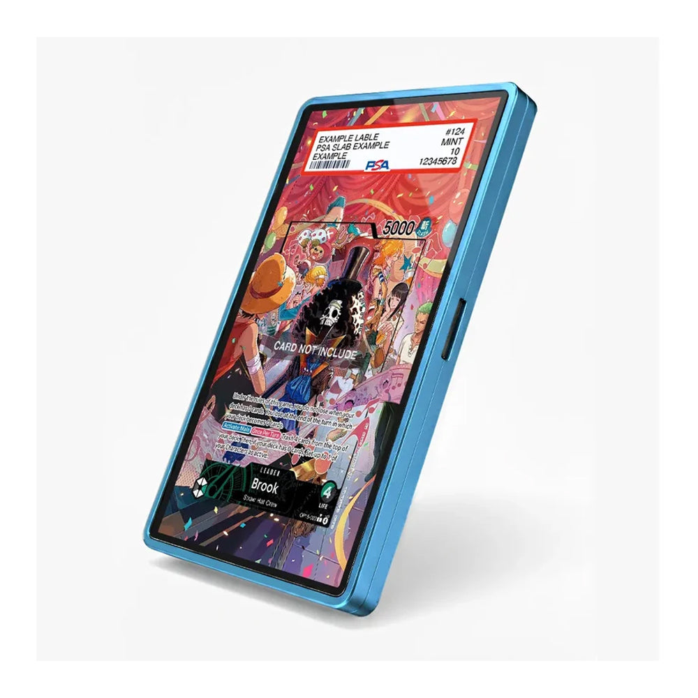 A blue protective phone case shown at an angle on a light gray background, with a colorful anime-style screen display visible inside the case.