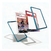 A clear acrylic display card holder with a translucent blue frame, shown floating in three angles around a sample collectible card on a white background.