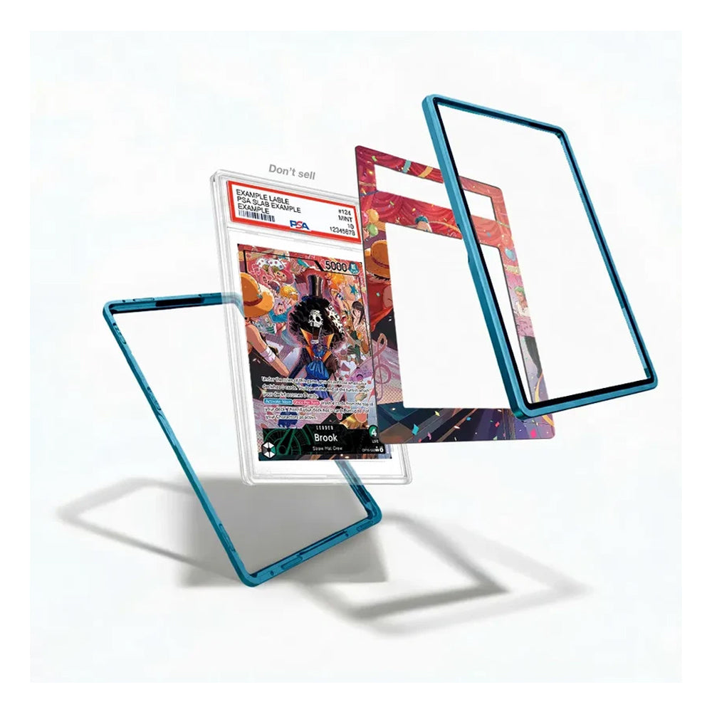 A clear acrylic display card holder with a translucent blue frame, shown floating in three angles around a sample collectible card on a white background.