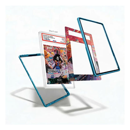 A clear acrylic display card holder with a translucent blue frame, shown floating in three angles around a sample collectible card on a white background.