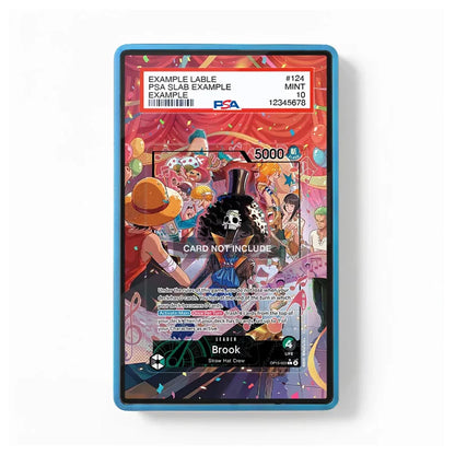 A PSA graded protective slab for a Pokémon TCG card, featuring a blue border and a sample anime illustration of Brook from One Piece. The slab includes a white PSA label at the top and a 'CARD NOT INCLUDE' overlay in the center.