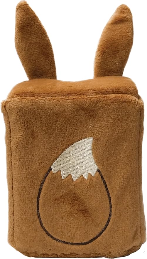 Brown plush toy with rabbit ears and a white patch on a white background