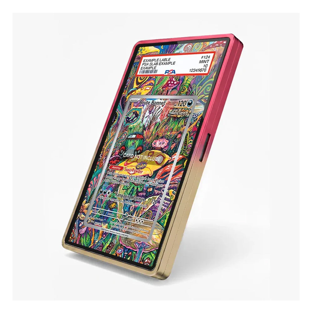A slim smartphone shown at an angle on a light gray background, featuring a highly detailed, colorful psychedelic graffiti-style wallpaper on the screen and a pink-to-gold gradient protective bumper case.