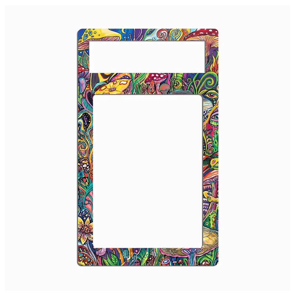 A colorful decorative frame or border with an abstract psychedelic doodle pattern in multiple bright hues, shown on a plain light gray background.