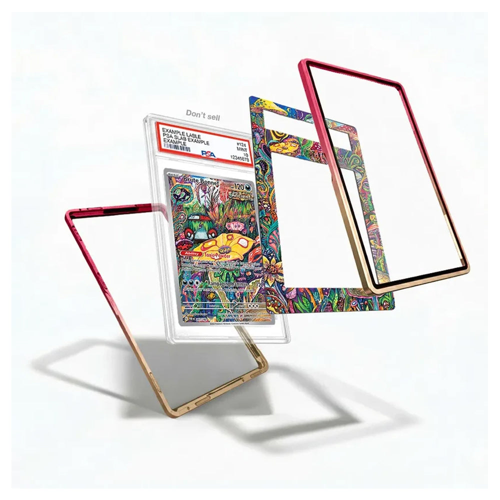 A set of colorful, patterned phone case frames and a clear protective case with a graded holographic Pokémon card insert, displayed on a clean white background.