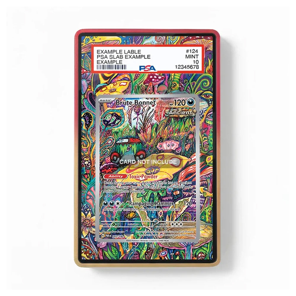 A PSA graded collectible card slab containing a colorful psychedelic art card, shown against a plain white background. The slab has a red top border and a gold bottom border, with a white PSA label at the top.