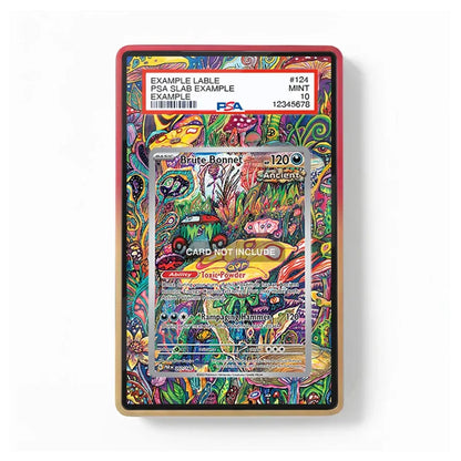 A PSA graded collectible card slab containing a colorful psychedelic art card, shown against a plain white background. The slab has a red top border and a gold bottom border, with a white PSA label at the top.