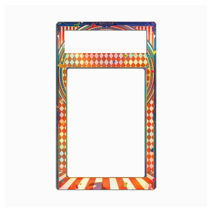 A colorful decorative picture frame with a vibrant, multicolored pattern featuring stripes, diamonds, and ornate borders, shown on a plain white background.