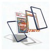 A set of custom dark blue acrylic display frames with clear inner panels, shown floating around a graded collectible card on a clean white background.