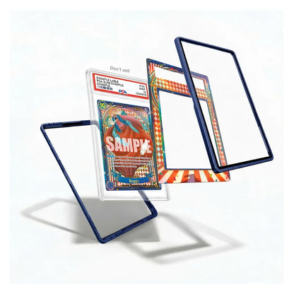 A set of custom dark blue acrylic display frames with clear inner panels, shown floating around a graded collectible card on a clean white background.