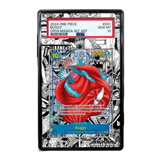 Trading card packaging featuring a character from 'One Piece' with a red hat and blue hair on a white background.