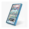 A blue smartphone case shown at an angle on a light gray background, with a colorful illustrated screen insert visible inside the phone.